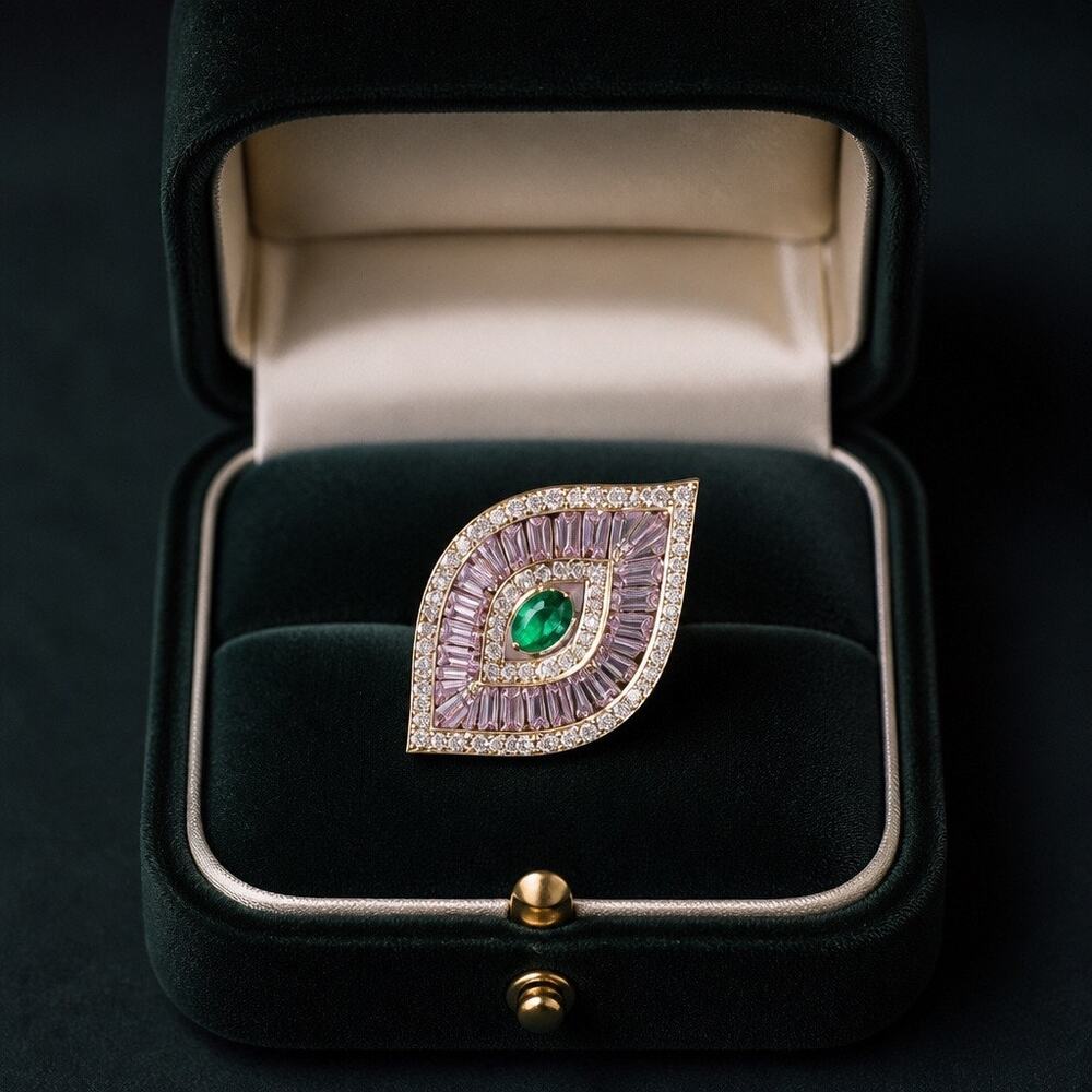 Vintage Art Deco Emerald Sunburst Ring, Lab-Grown Emerald Cocktail Ring